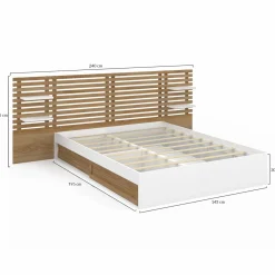 Lit double 140x190 blanc et hêtre avec rangement, tête de lit et chevets