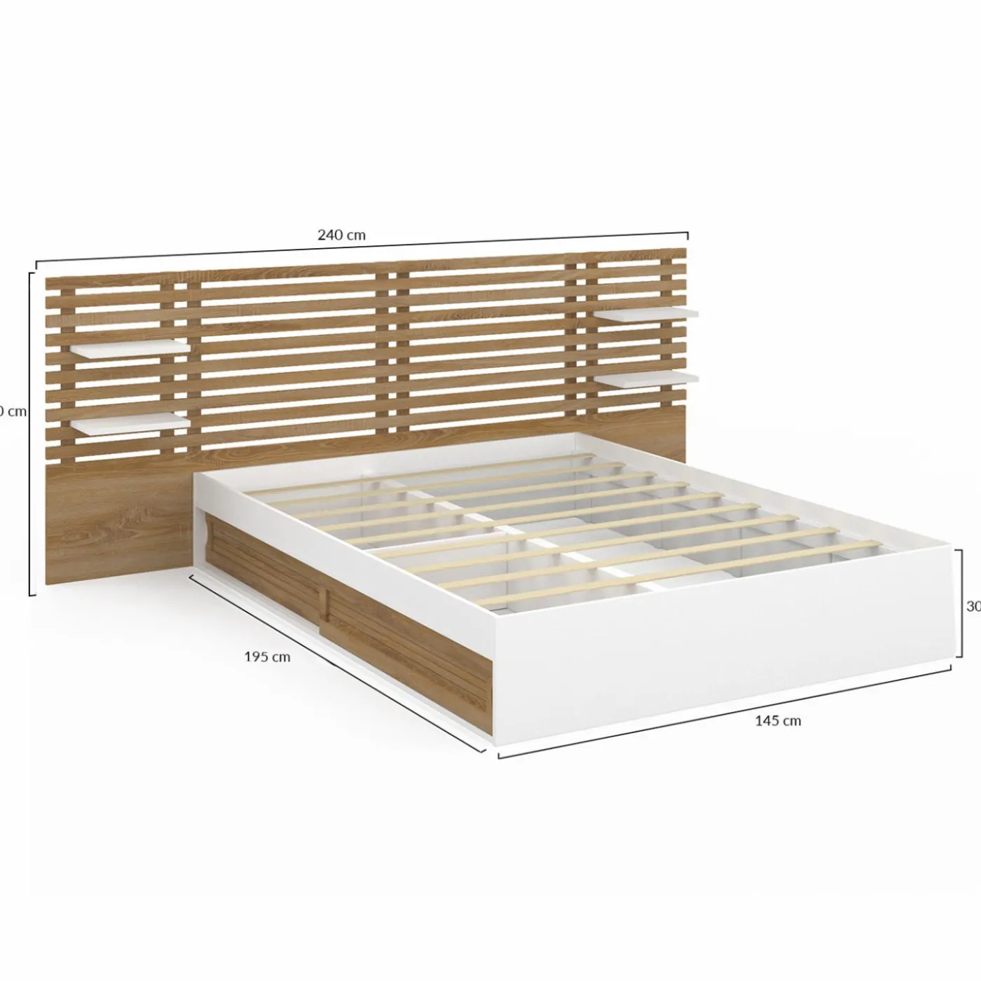 Lit double 140x190 blanc et hêtre avec rangement, tête de lit et chevets