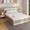 Lit double 140x190 bois et blanc avec tête de lit et tables de chevet