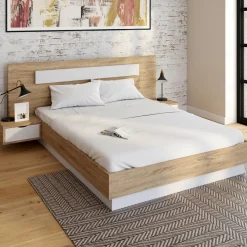 Lit double 140x190 bois et blanc avec tête de lit et tables de chevet