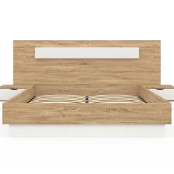 Lit double 140x190 bois et blanc avec tête de lit et tables de chevet