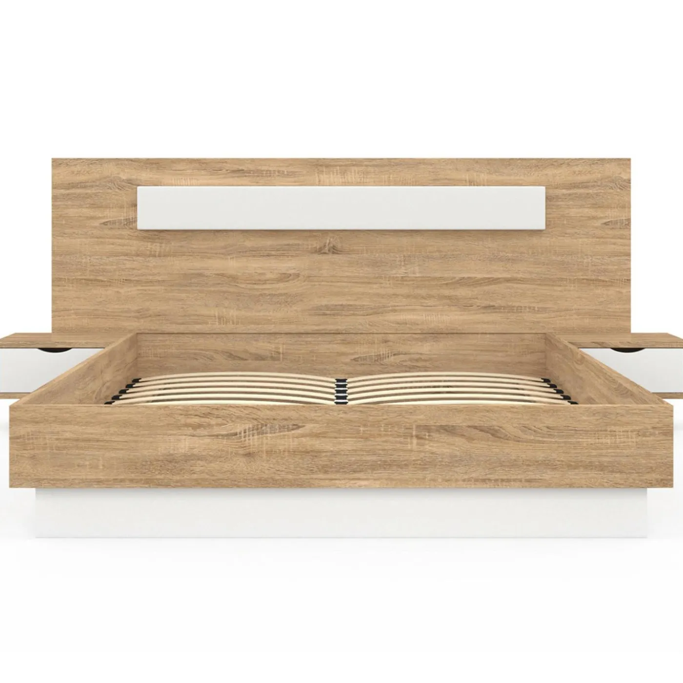 Lit double 140x190 bois et blanc avec tête de lit et tables de chevet