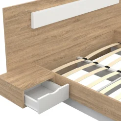 Lit double 140x190 bois et blanc avec tête de lit et tables de chevet