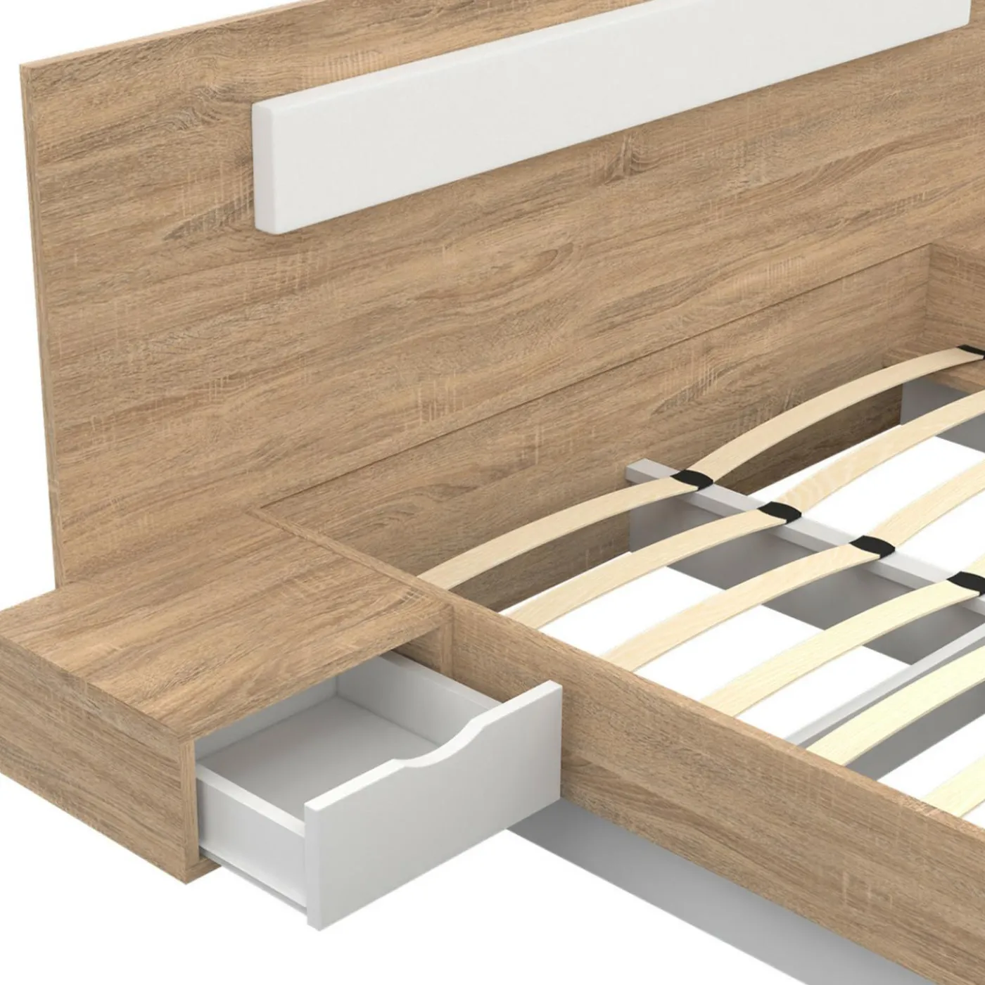 Lit double 140x190 bois et blanc avec tête de lit et tables de chevet