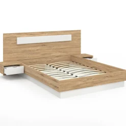 Lit double 140x190 bois et blanc avec tête de lit et tables de chevet