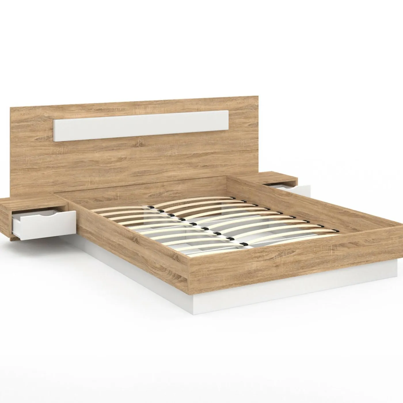 Lit double 140x190 bois et blanc avec tête de lit et tables de chevet
