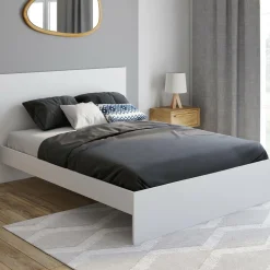 Lit double 140x190 cm avec tête de lit et sommier blanc