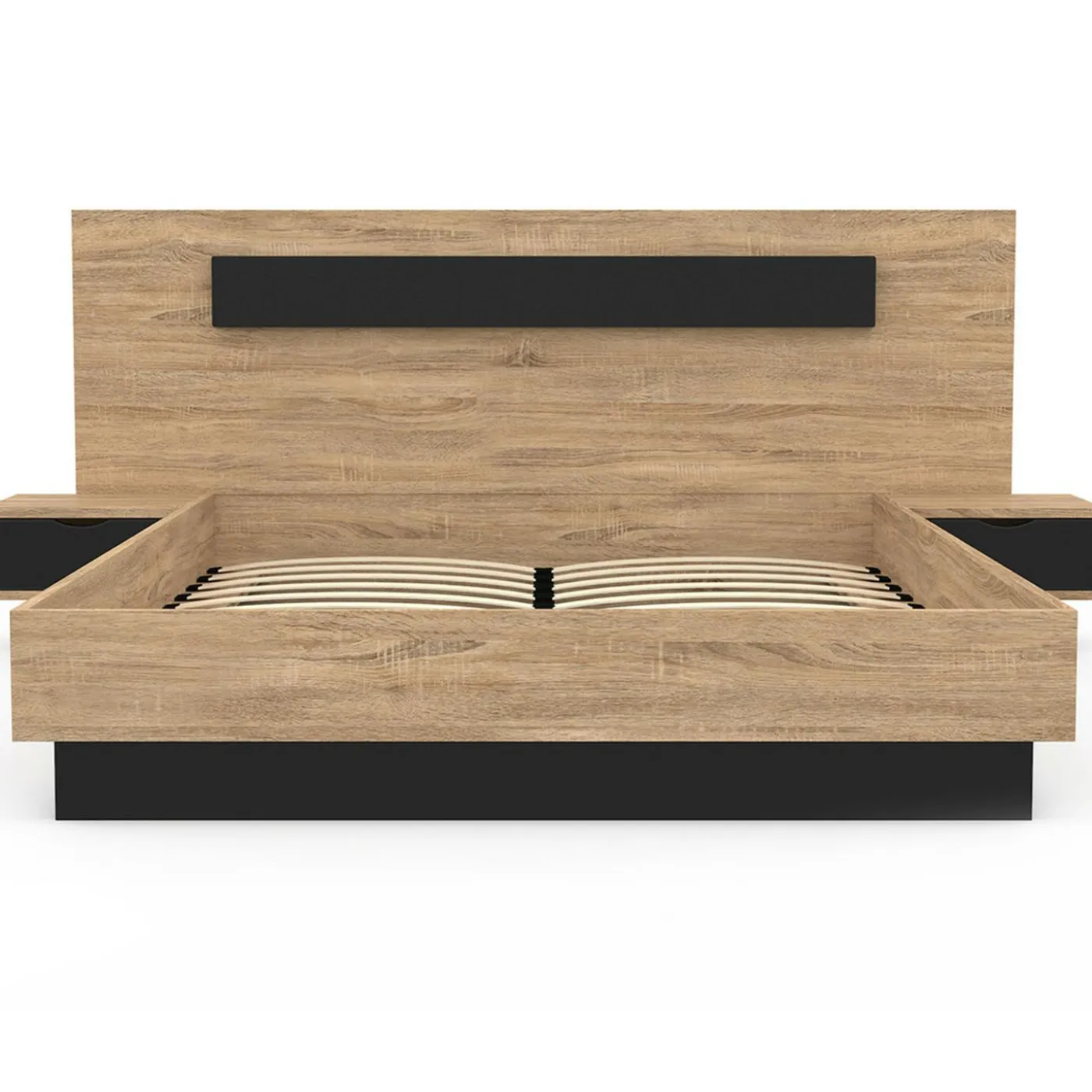 Lit double 160x200 cm bois et noir avec tête de lit et tables de chevet