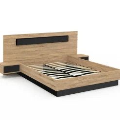 Lit double 160x200 cm bois et noir avec tête de lit et tables de chevet