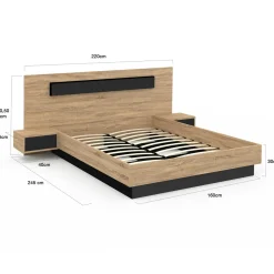 Lit double 160x200 cm bois et noir avec tête de lit et tables de chevet