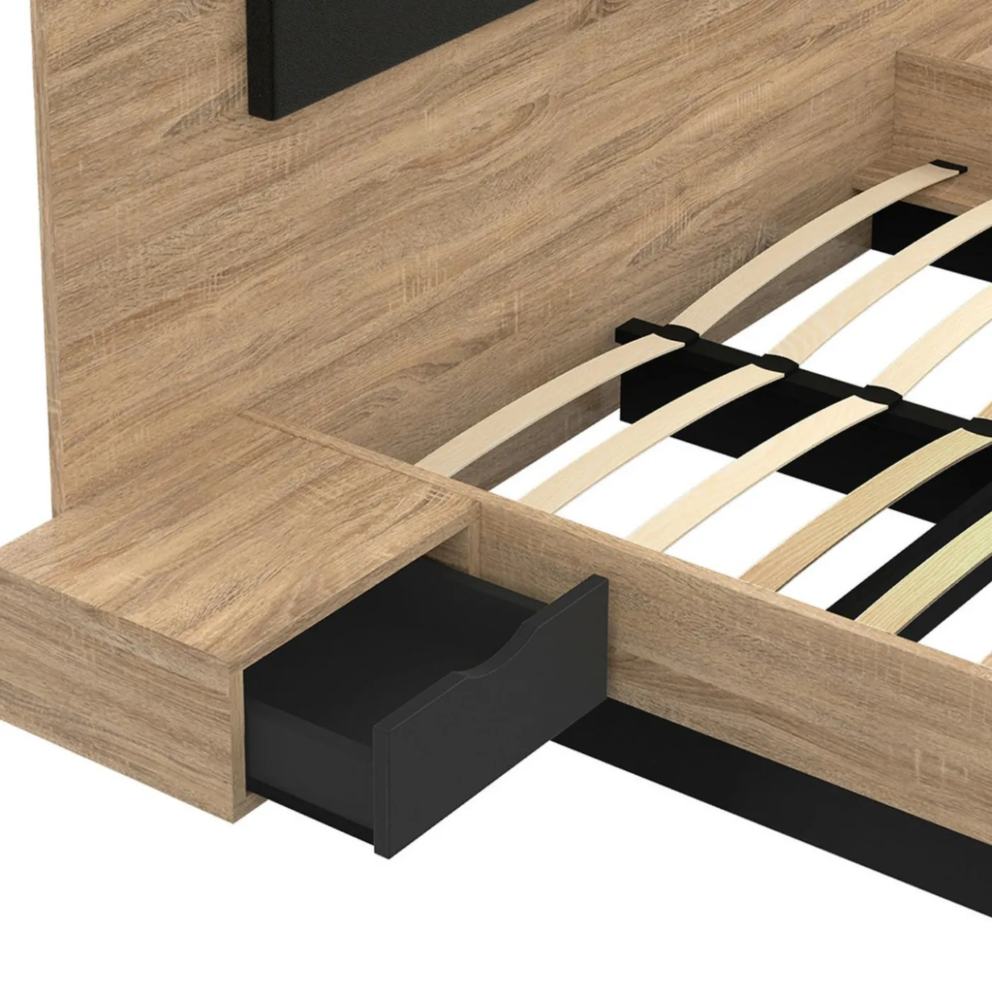 Lit double 160x200 cm bois et noir avec tête de lit et tables de chevet
