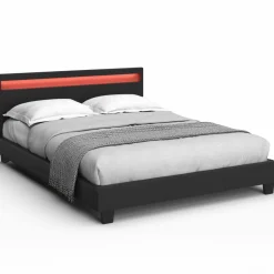 Lit double 140x190 cm en PVC noir avec sommier et LED