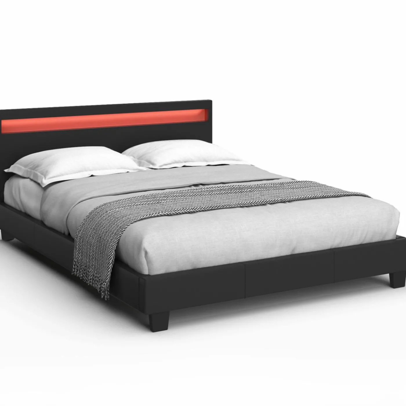 Lit double 140x190 cm en PVC noir avec sommier et LED