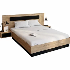 Lit double 140x190 cm tête de lit sommier avec chevets suspendus bois et noir