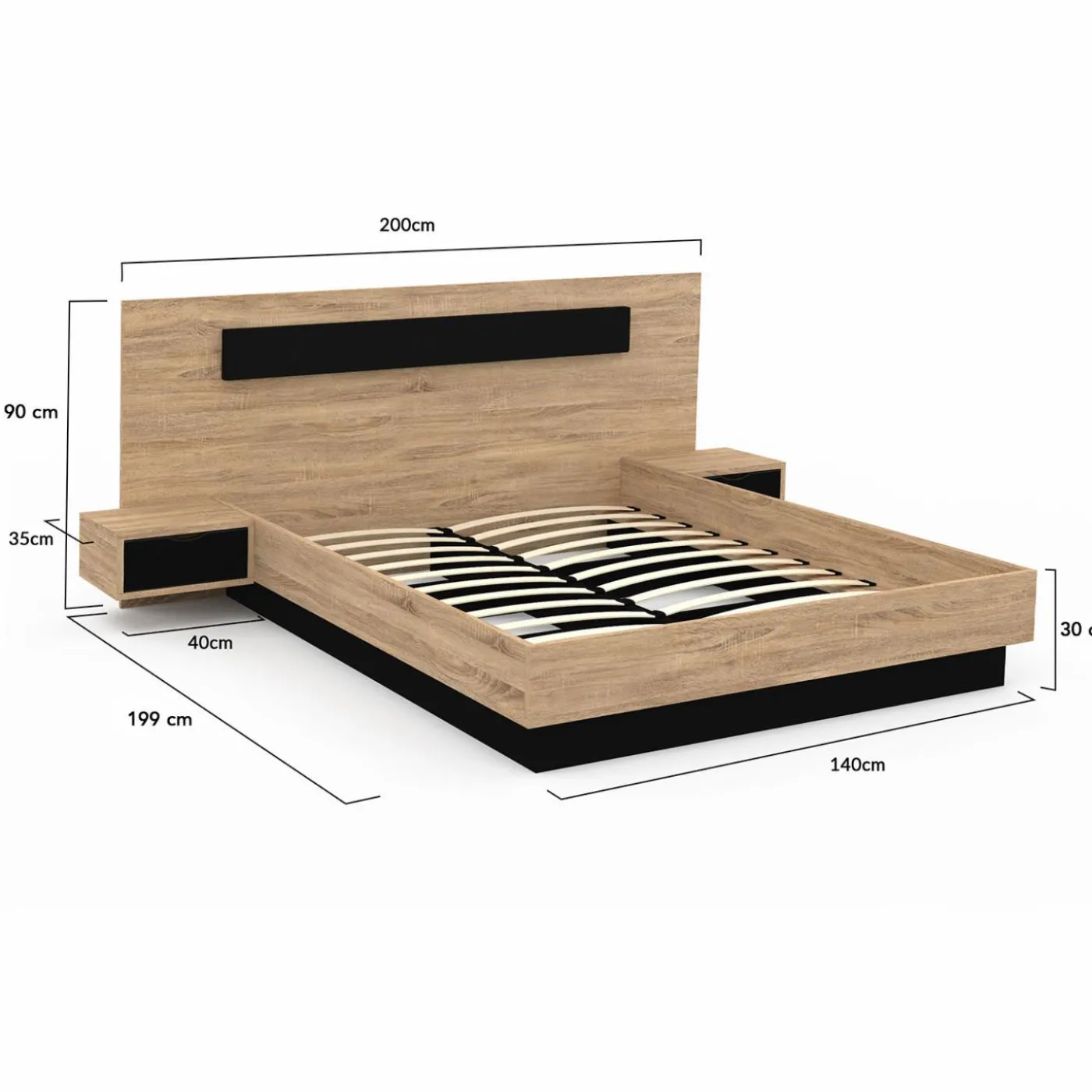 Lit double 140x190 cm tête de lit sommier avec chevets suspendus bois et noir