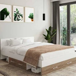 Lit double 140x190 façon hêtre et blanc avec rangements et tête de lit