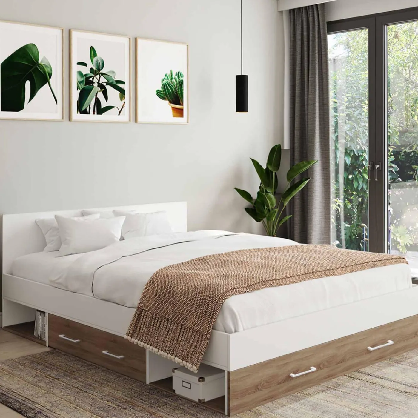 Lit double 140x190 façon hêtre et blanc avec rangements et tête de lit