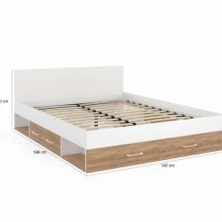 Lit double 140x190 façon hêtre et blanc avec rangements et tête de lit