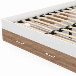 Lit double 140x190 façon hêtre et blanc avec rangements et tête de lit