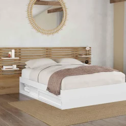 Lit double 140x190 hêtre et blanc avec tête de lit et chevets