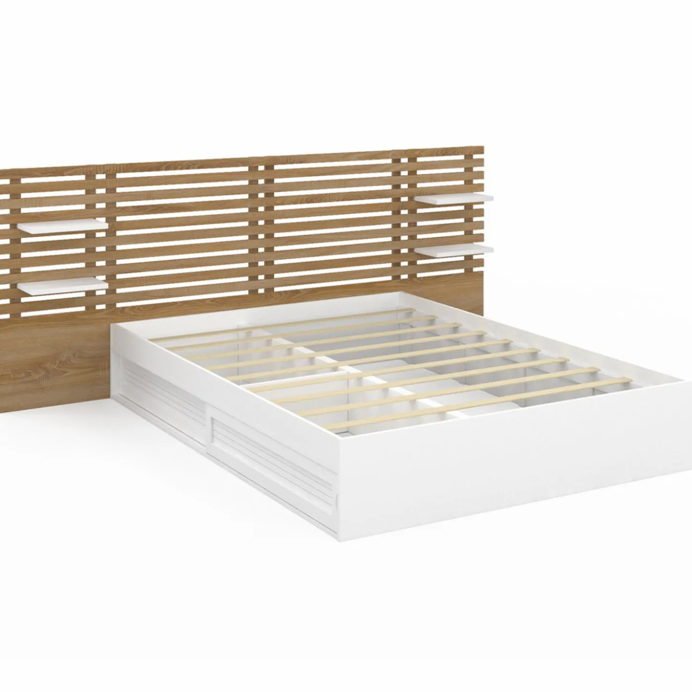 Lit double 140x190 hêtre et blanc avec tête de lit et chevets