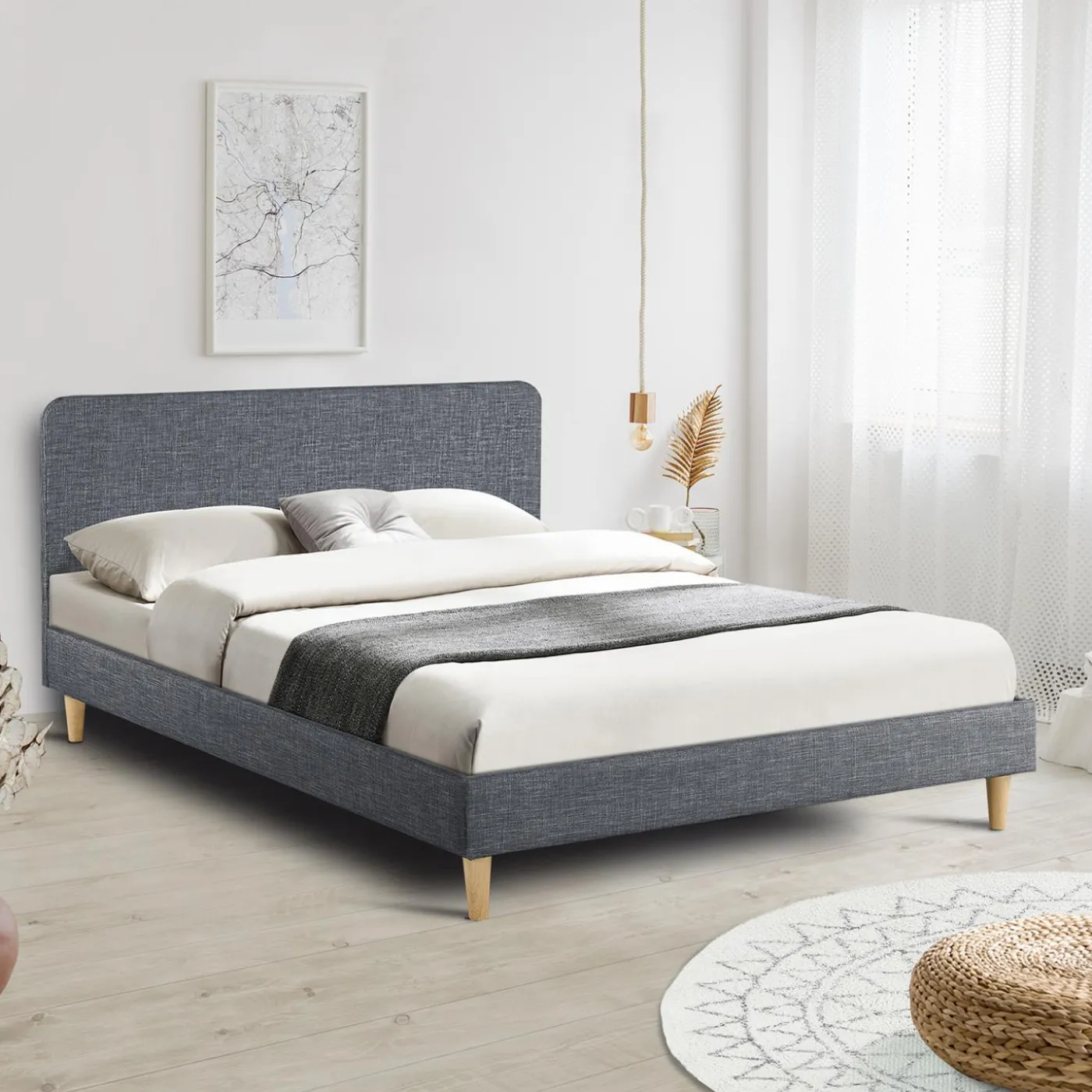 Lit scandinave gris 2 places 160x200 cm