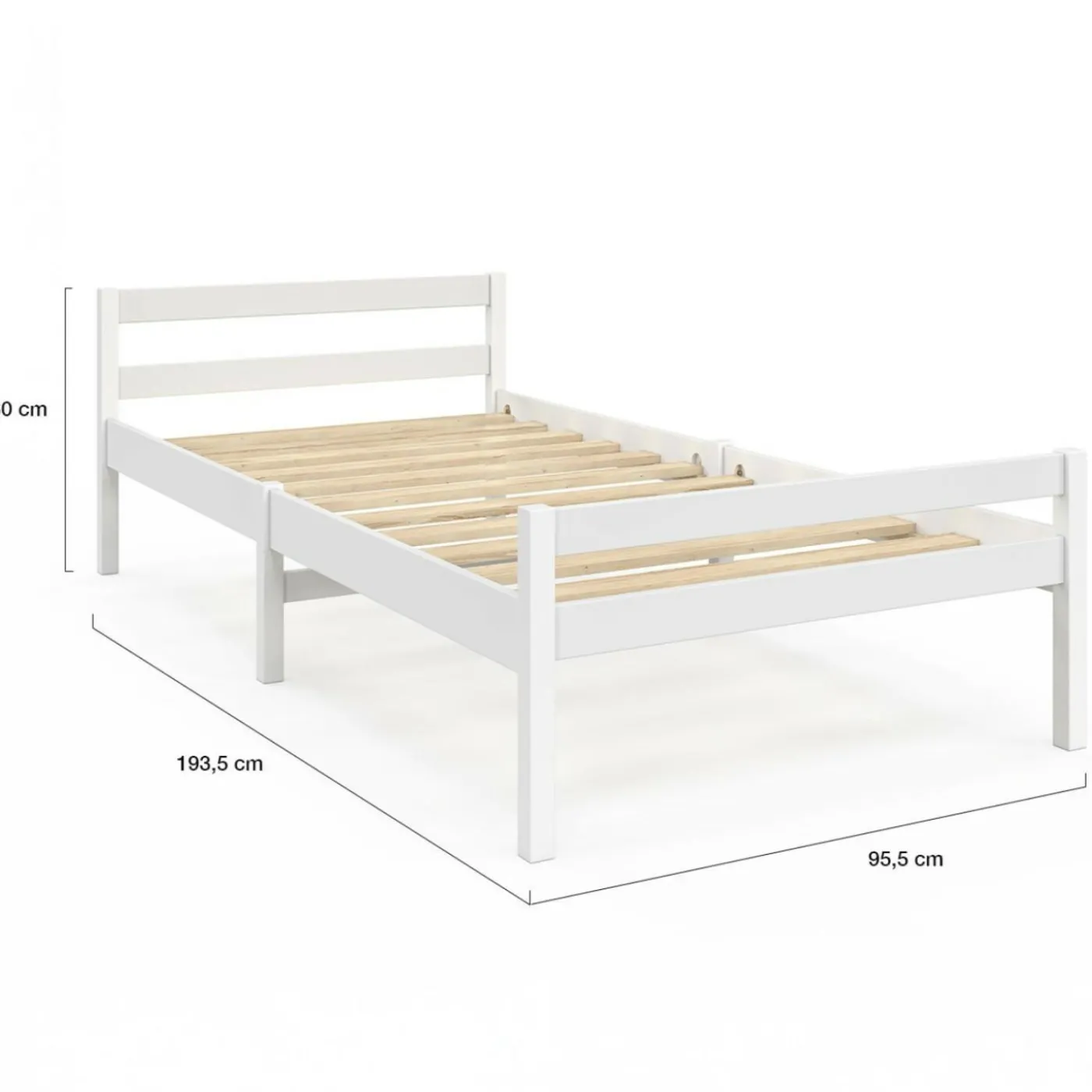 Lit simple 90 x 190 cm avec sommier bois blanc