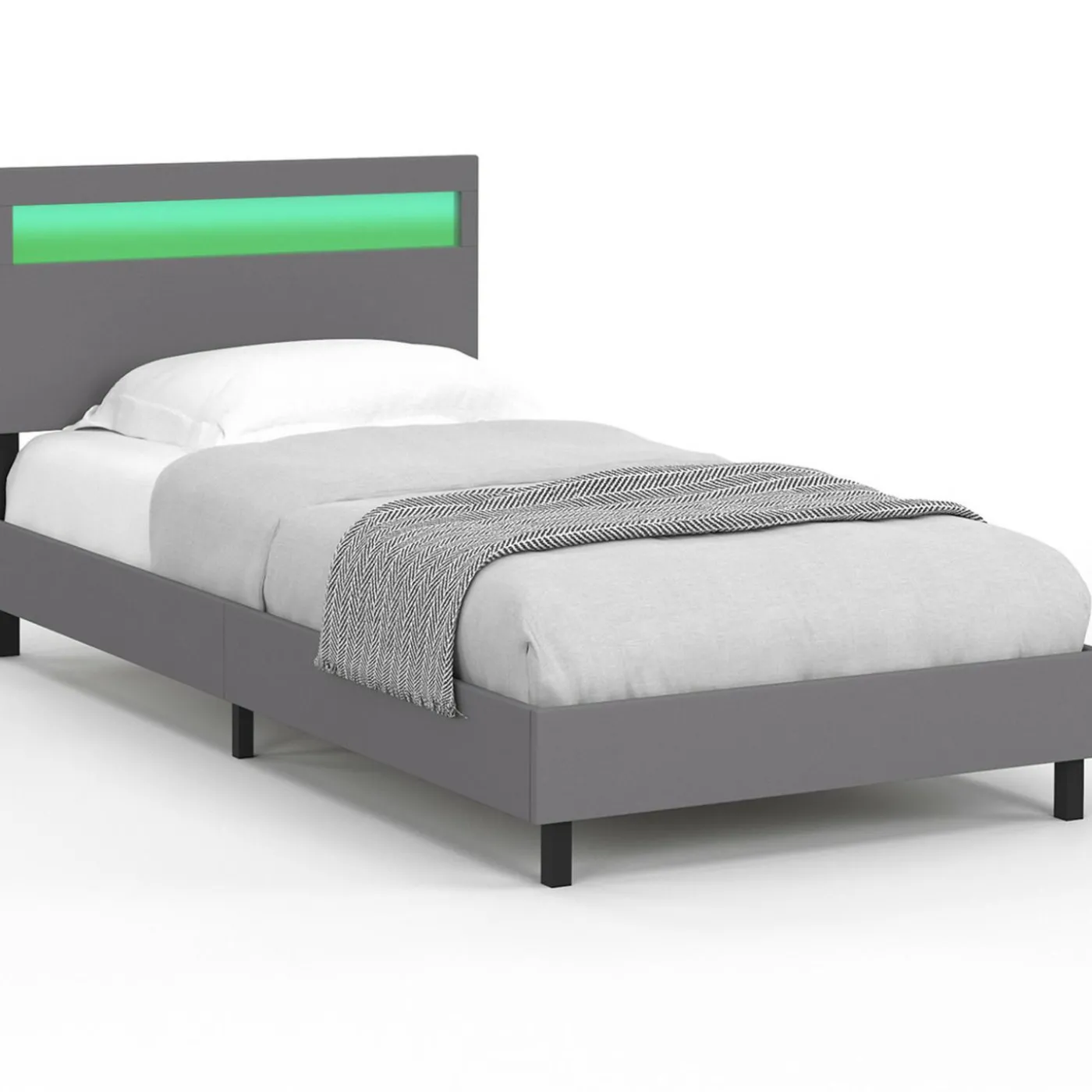 Lit simple 90 x 190 cm avec tête de lit LED intégrées et sommier PVC gris
