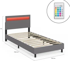 Lit simple 90 x 190 cm avec tête de lit LED intégrées et sommier PVC gris