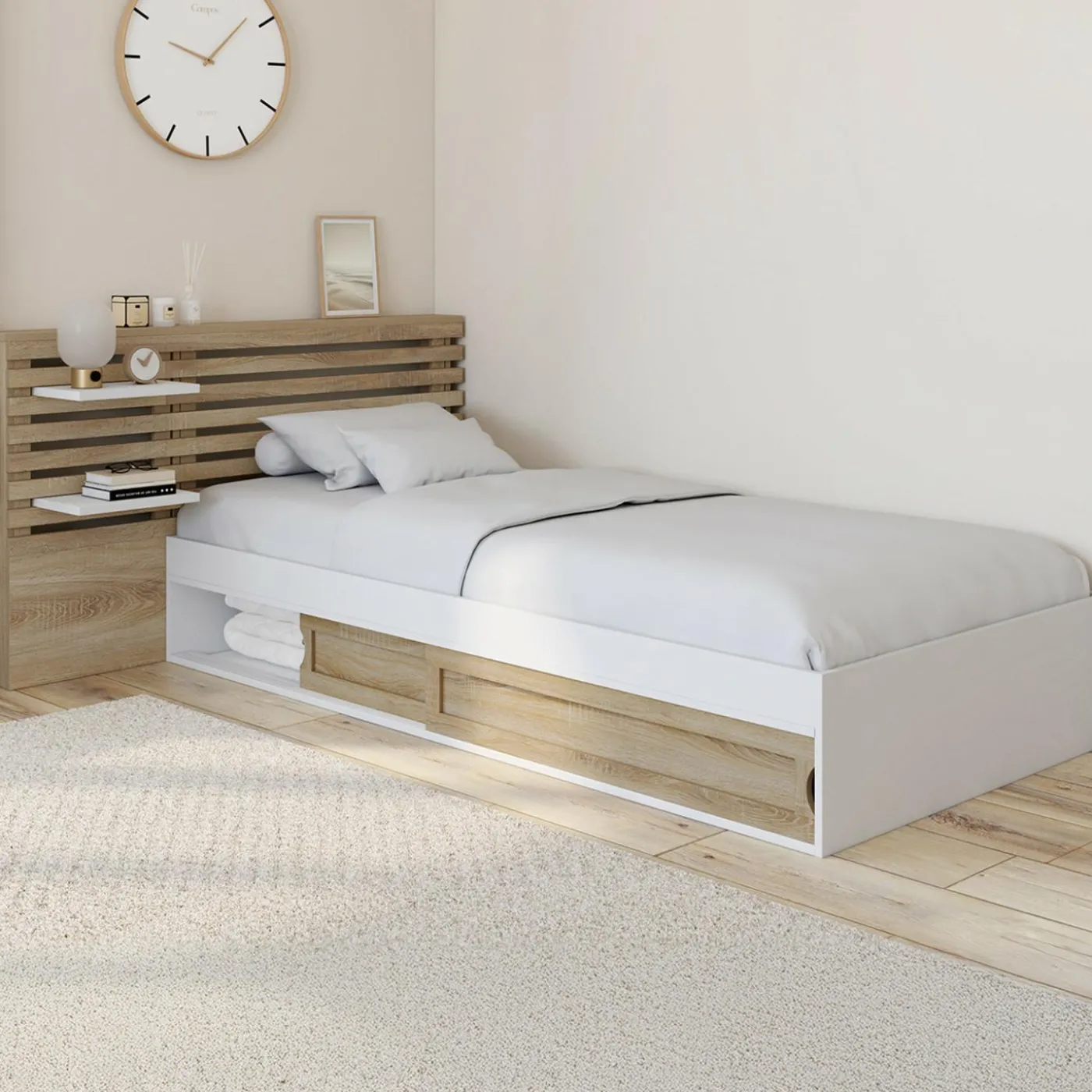 Lit simple avec tête de lit, chevets, rangements et sommier 90 x 190 cm façon hêtre et blanc