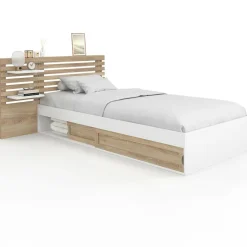 Lit simple avec tête de lit, chevets, rangements et sommier 90 x 190 cm façon hêtre et blanc