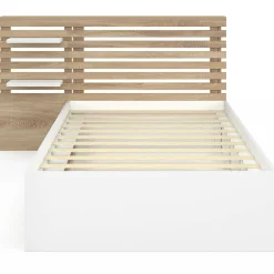 Lit simple avec tête de lit, chevets, rangements et sommier 90 x 190 cm façon hêtre et blanc