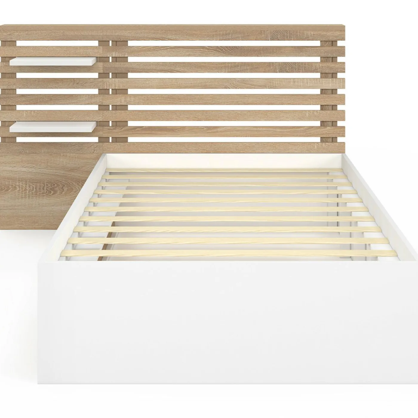 Lit simple avec tête de lit, chevets, rangements et sommier 90 x 190 cm façon hêtre et blanc