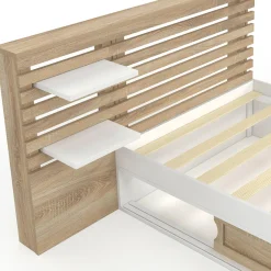 Lit simple avec tête de lit, chevets, rangements et sommier 90 x 190 cm façon hêtre et blanc