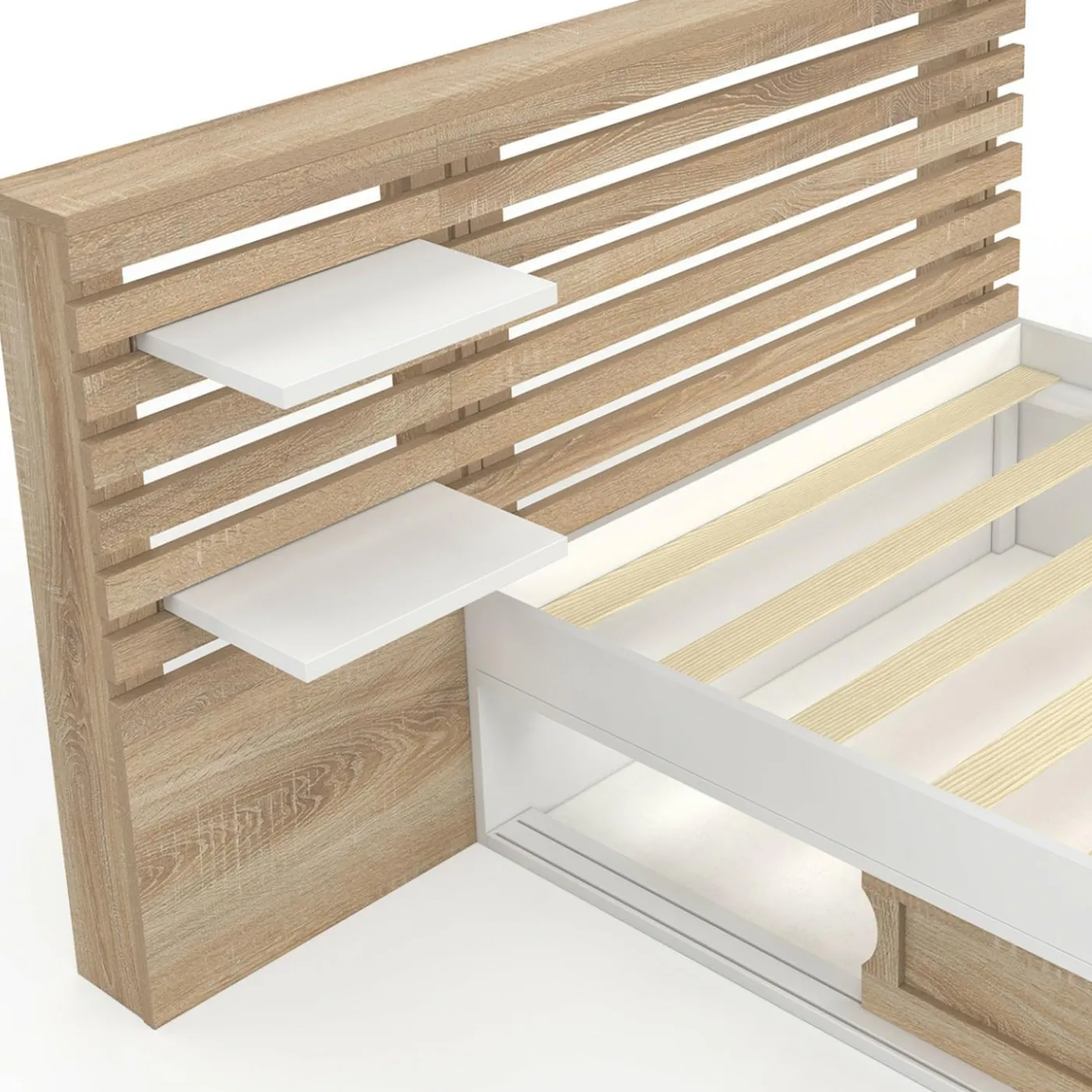 Lit simple avec tête de lit, chevets, rangements et sommier 90 x 190 cm façon hêtre et blanc