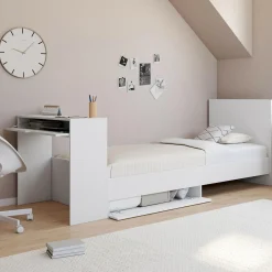 Lit simple blanc 90 x 190 cm avec rangements, sommier, tête de lit et bureau