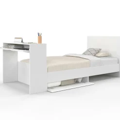 Lit simple blanc 90 x 190 cm avec rangements, sommier, tête de lit et bureau