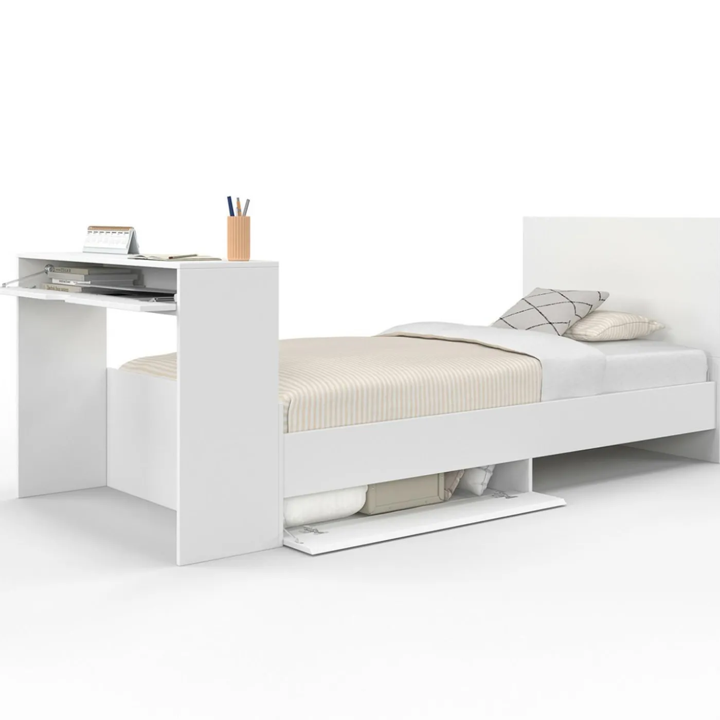 Lit simple blanc 90 x 190 cm avec rangements, sommier, tête de lit et bureau
