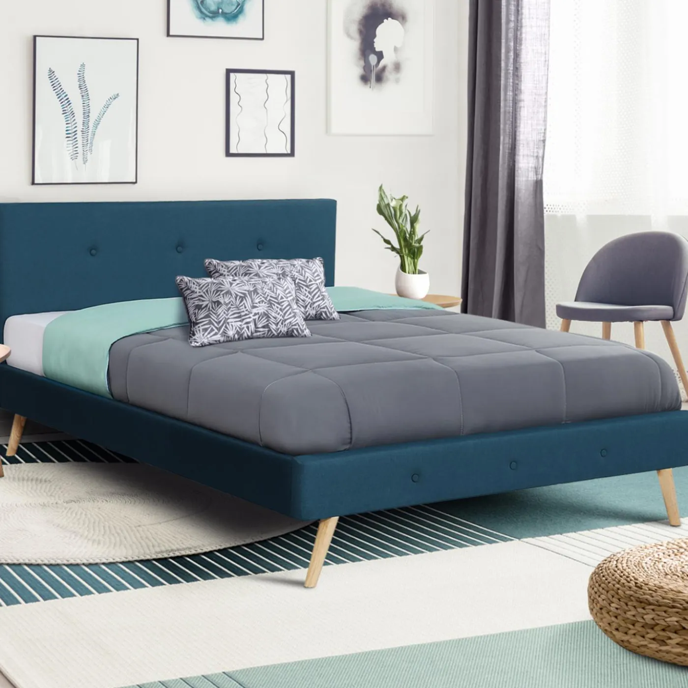 Lit style scandinave 160x200 cm bleu canard