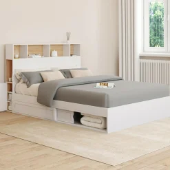 Lit 140x190 avec rangements blanc et hêtre et tête de lit