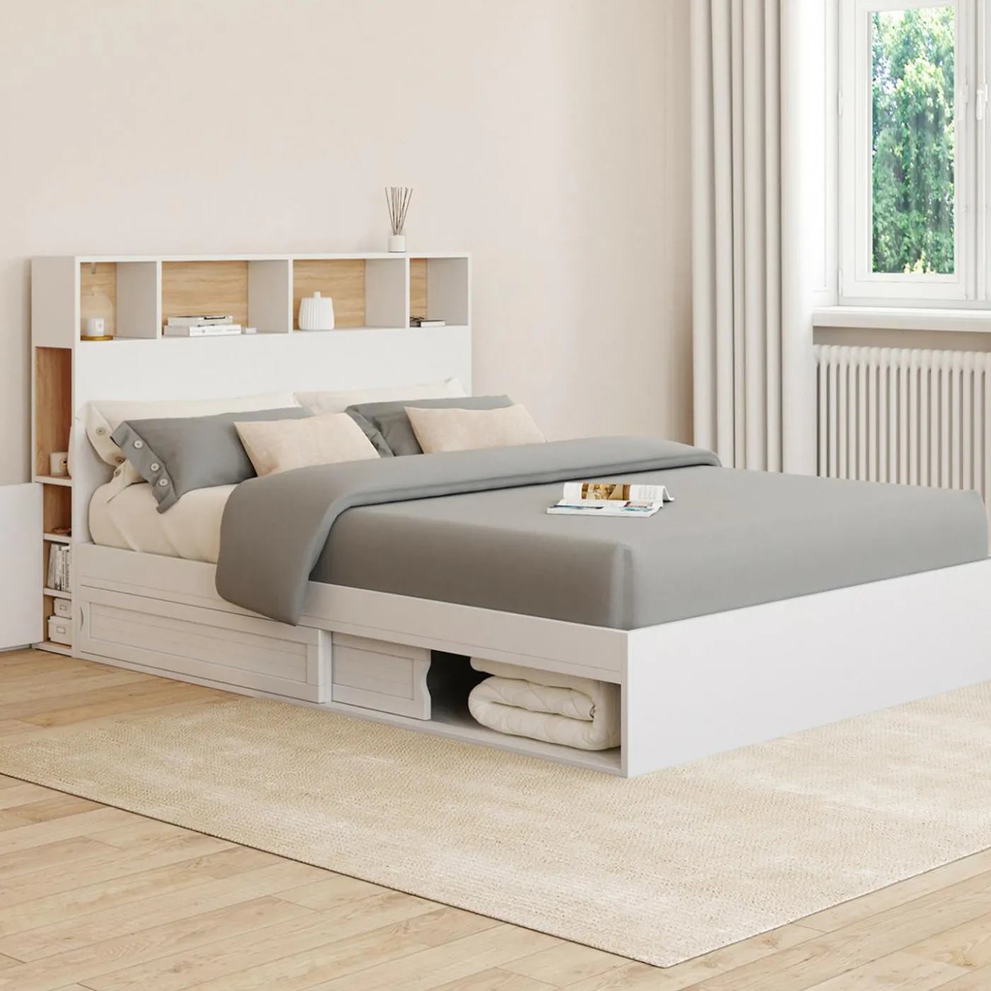 Lit 140x190 avec rangements blanc et hêtre et tête de lit