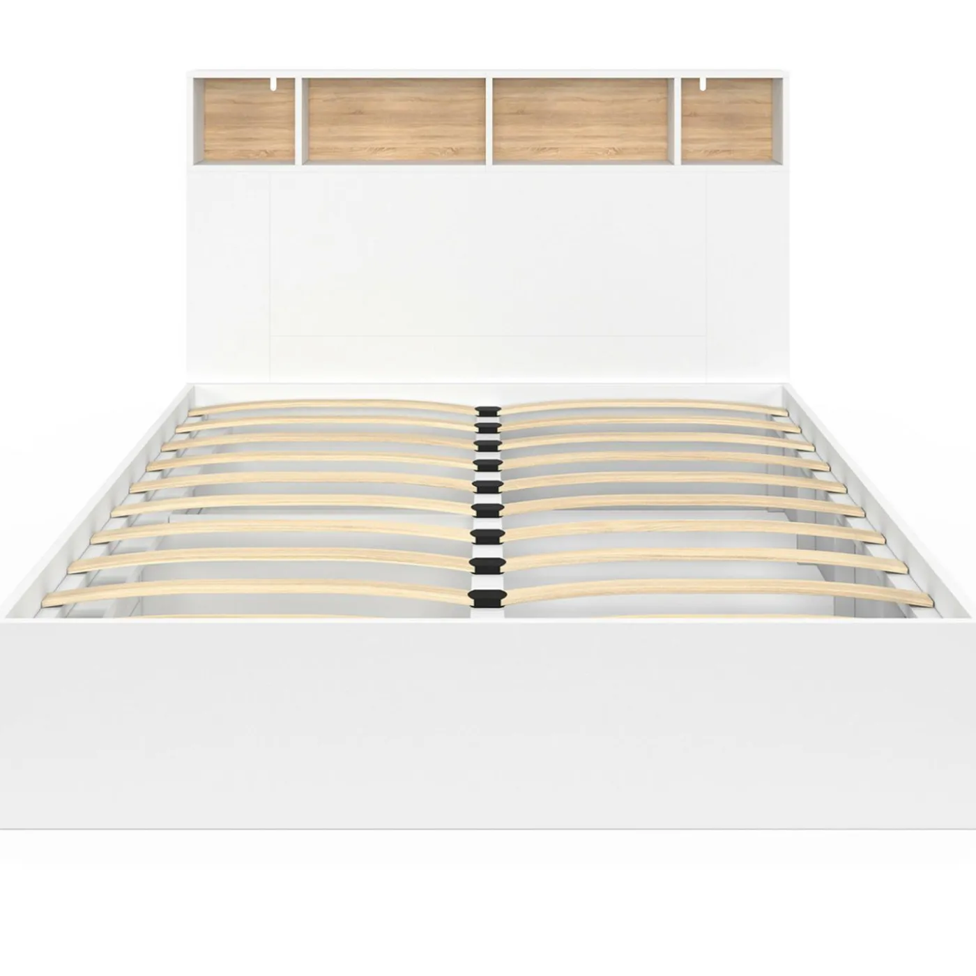 Lit 140x190 avec rangements blanc et hêtre et tête de lit
