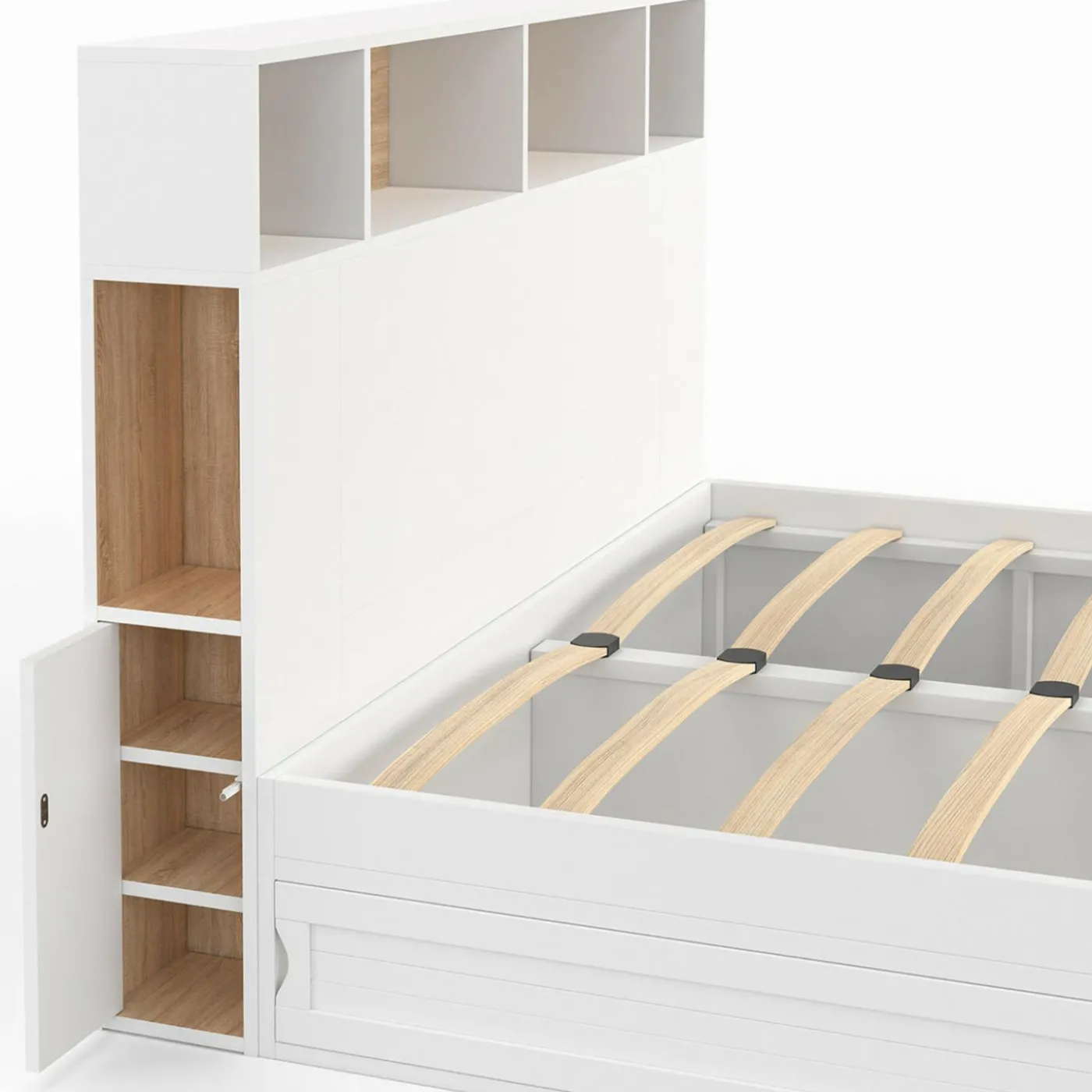 Lit 140x190 avec rangements blanc et hêtre et tête de lit