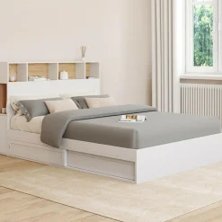 Lit 140x190 avec rangements blanc et hêtre et tête de lit
