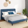 Lit 140x190 cm velours bleu avec tête de lit et sommier