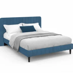 Lit 140x190 cm velours bleu avec tête de lit et sommier