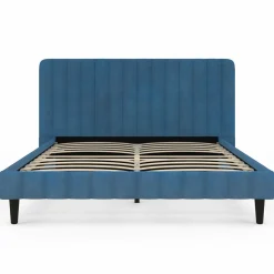 Lit 140x190 cm velours bleu avec tête de lit et sommier
