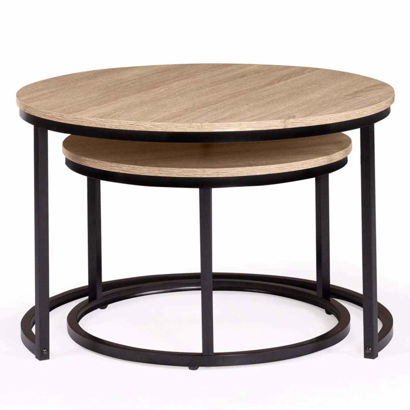 Lot 2 tables basses gigognes rondes bois métal industrielles