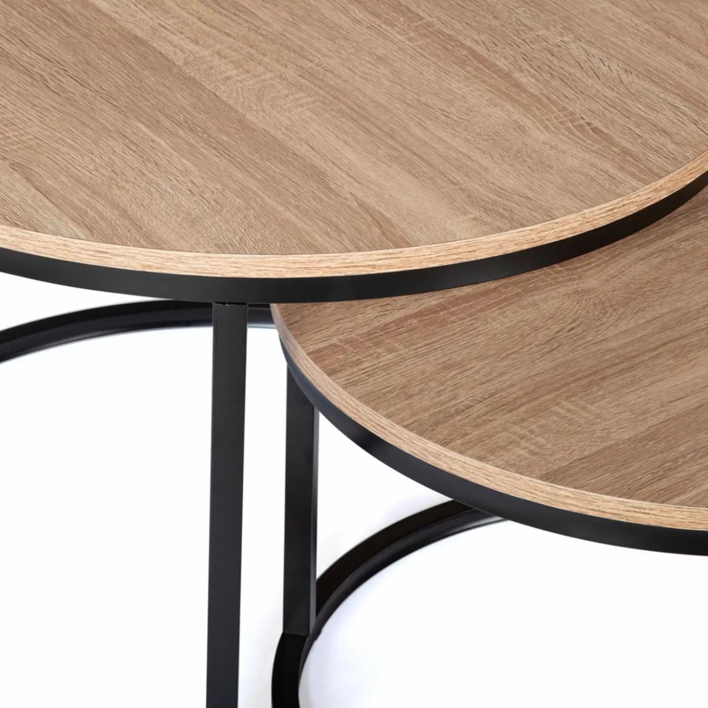 Lot 2 tables basses gigognes rondes bois métal industrielles
