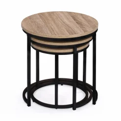 Lot 3 tables basses gigognes rondes bois métal industrielles 35/40/45 cm